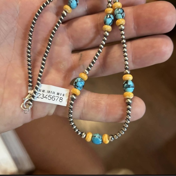 Sterling silver Native American Navajo pearl 18” 3mm pearls 6mm turquoise spiny - Picture 4 of 9